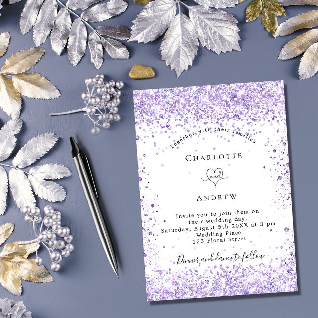 Wedding violet glitter script white luxury invitation (Creator Uploaded)