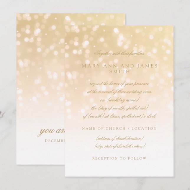 Wedding Vow Renewal Gold Bokeh Sparkle Lights Invitation (Front/Back)