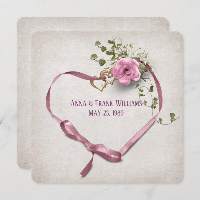wedding vow renewal-pink ribbon heart with rings invitation (Front/Back)