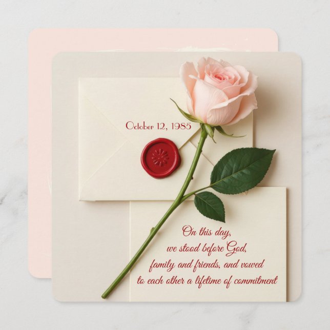 Wedding Vow Renewal Pink Rose With Red Wax Seal Invitation (Front/Back)