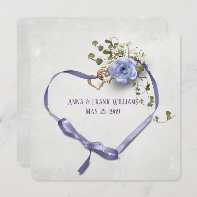 wedding vow renewal-purple ribbon heart with rings invitation (Front/Back)