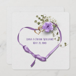 wedding vow renewal-purple ribbon heart with rings invitation