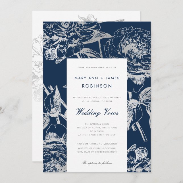 Wedding Vow Renewal Simple Floral Silver Navy Blue Invitation (Front/Back)