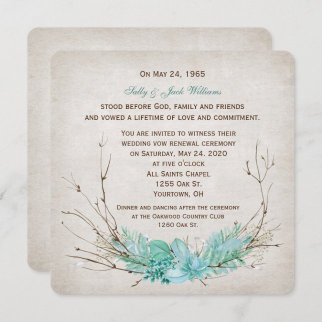 wedding vow renewal-turquoise floral twig bouquet invitation (Front/Back)