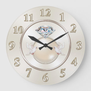 Wedding Wall Clock, Love Birds, Diamond and Pearl Large Clock