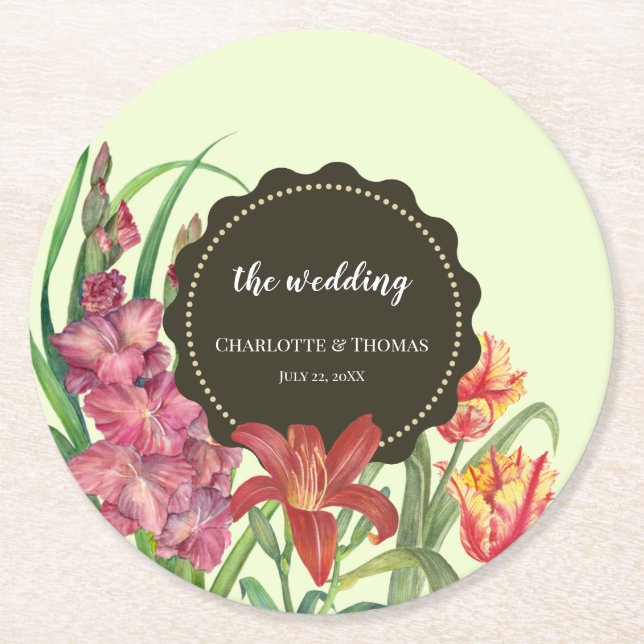 Wedding Warm Colour Floral Spring Blooms Painting  Round Paper Coaster (Front)