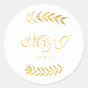 Wedding Warm Golden Leaves Initials with Date Classic Round Sticker
