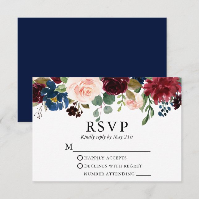 Wedding Watercolor Blue Burgundy Pink Floral RSVP Card (Front/Back)