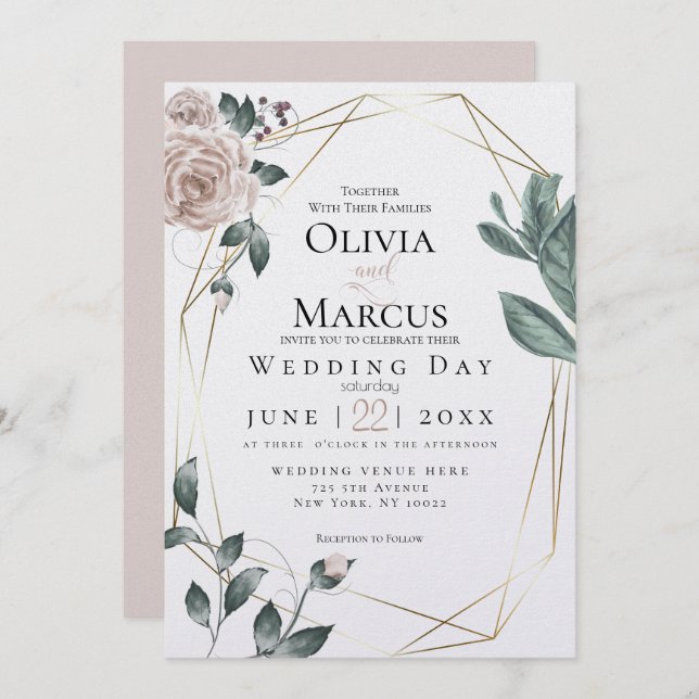 WEDDING | Watercolor Blush Dusty Rose Gold Invitation (Front/Back)
