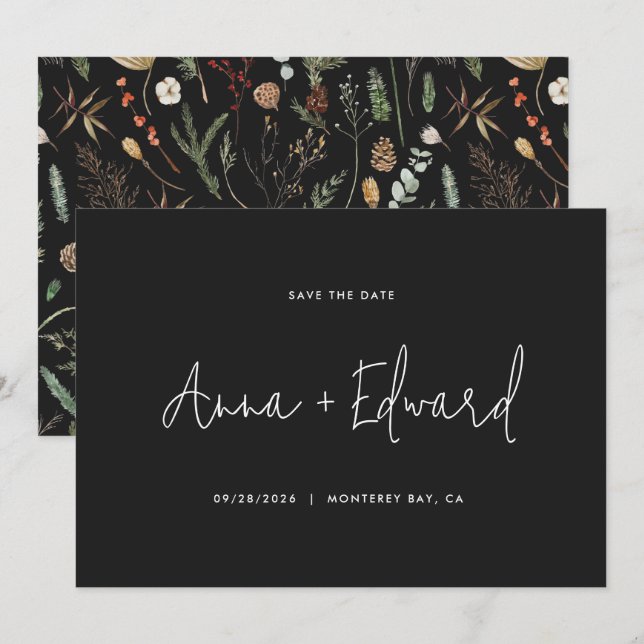  Wedding watercolor botanical black modern minimal Save The Date (Front/Back)