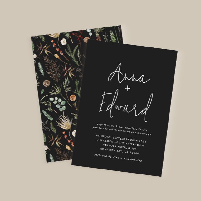  Wedding watercolor botanical floral black modern  Invitation (Creator Uploaded)