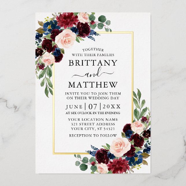 Wedding Watercolor Burgundy Blue Floral Gold (Front)