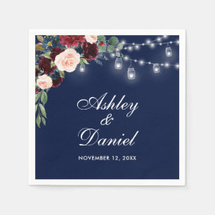 Wedding Watercolor Burgundy Blue Floral Lights Napkin