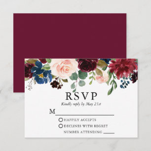 Wedding Watercolor Burgundy Blue Pink Floral RSVP Card