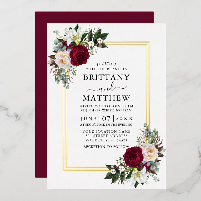 Wedding Watercolor Burgundy Floral 2 Frame Gold (Front/Back)