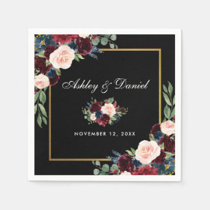 Wedding Watercolor Burgundy Floral Black Gold Napkin