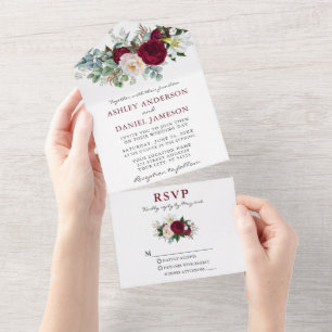 Wedding Watercolor Burgundy Floral Greenery All In One Invitation