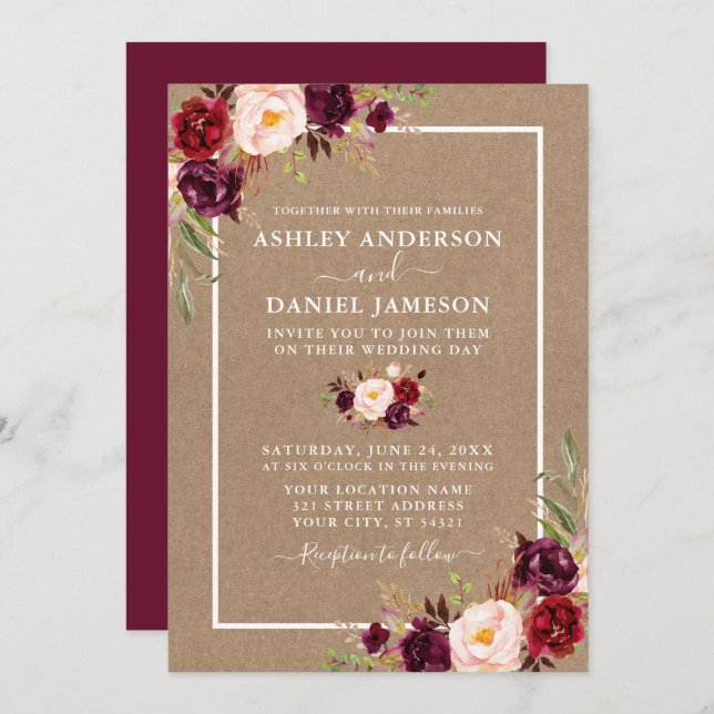 Wedding Watercolor Burgundy Floral Kraft Invitation (Front/Back)