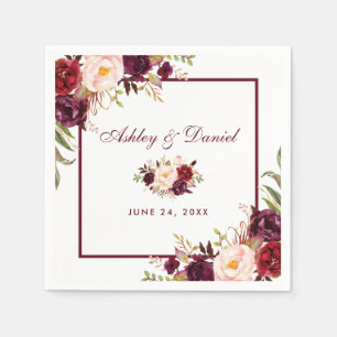 Wedding Watercolor Burgundy Floral Napkin