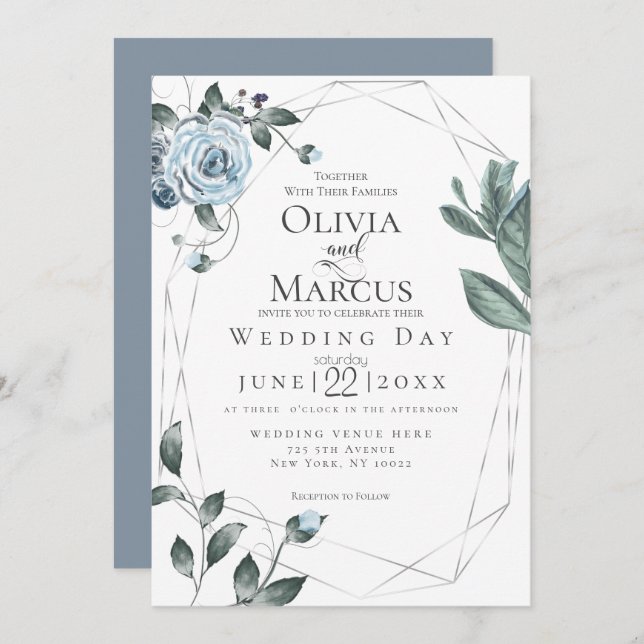 WEDDING | Watercolor Dusty Blue Floral Invitation (Front/Back)