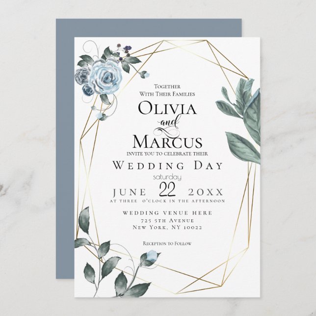 WEDDING | Watercolor Dusty Blue Floral Invitation (Front/Back)