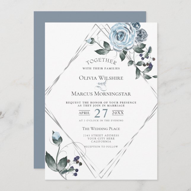 Wedding Watercolor Dusty Blue Floral Silver Frame Invitation (Front/Back)