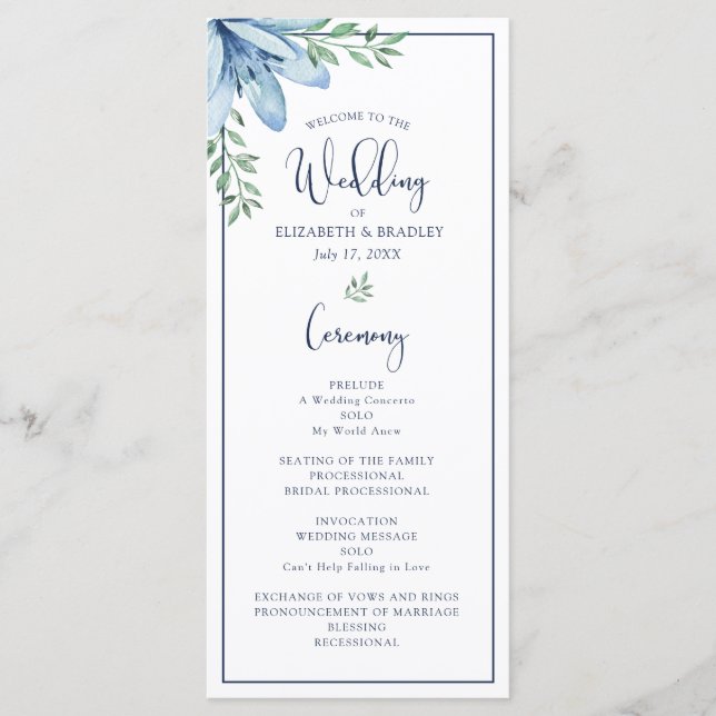 Wedding Watercolor Floral Blue Bloom Program (Front)