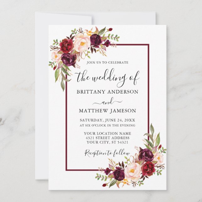 Wedding Watercolor Floral Burgundy Frame Invitation (Front)