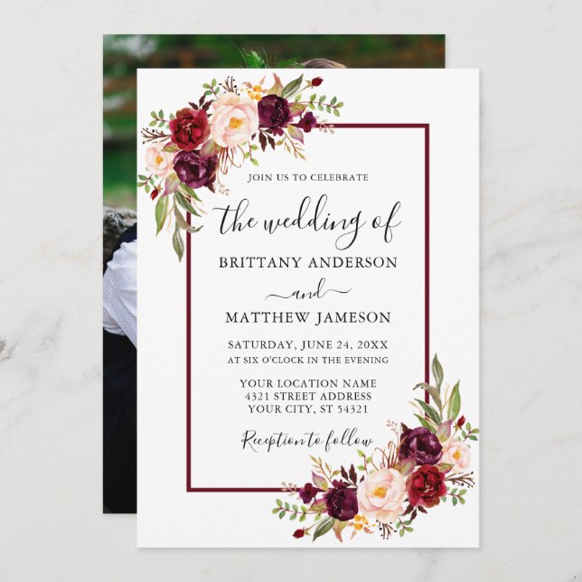 Wedding Watercolor Floral Burgundy Photo Invitation (Front/Back)