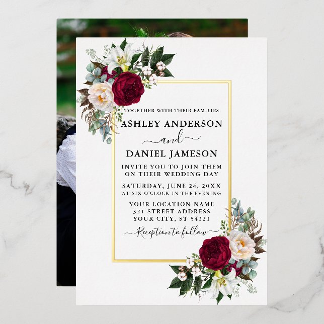 Wedding Watercolor Floral Greenery Photo Gold (Front/Back)