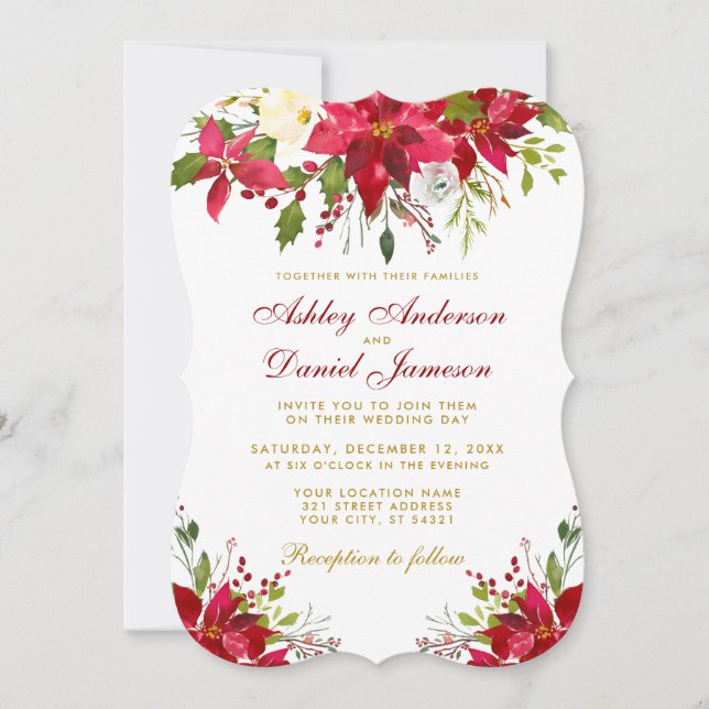Wedding Watercolor Floral Poinsettia Gold Red Invitation (Front)
