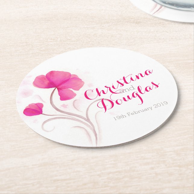 Wedding watercolor flower red pink paper coasters (Angled)