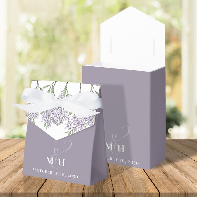 Wedding Watercolor Flowers Botanical Lavender  Favour Box (Lavender lilac wisteria wedding favor box with bride and groom initial monogram)