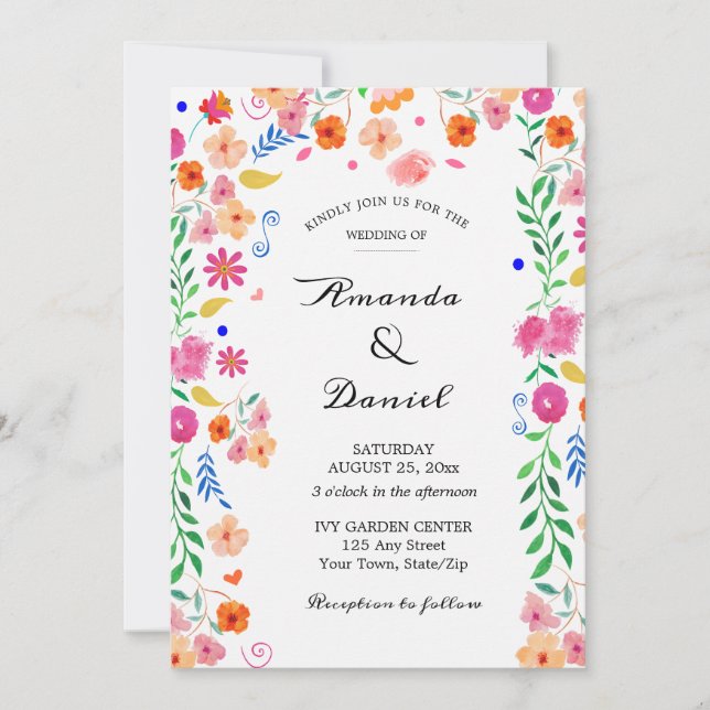Wedding Watercolor Folk Floral Garden Invitation  (Front)