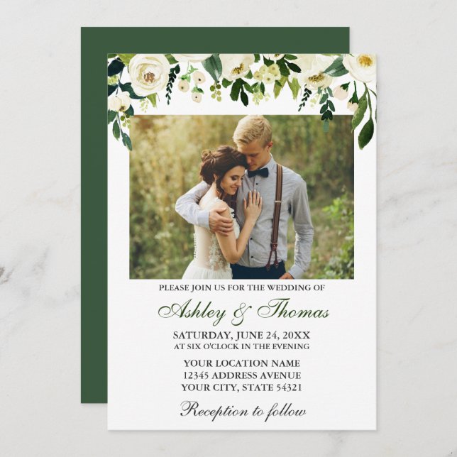 Wedding Watercolor Green White Floral Photo Invitation (Front/Back)