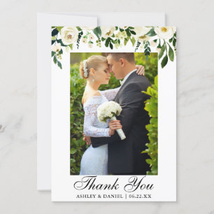 Wedding Watercolor Green White Floral Photo Thank You Card