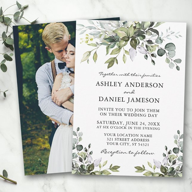 Wedding Watercolor Greenery Photo Back Invitation (Customize to change text color or text style.)