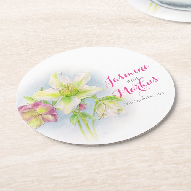 Wedding watercolor hellebore art paper coasters (Angled)