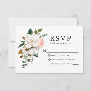 Wedding Watercolor Magnolias Pink Roses RSVP Card