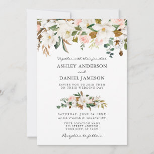 Wedding Watercolor Magnolias Roses Greenery Invitation