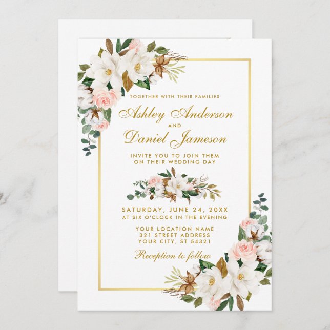 Wedding Watercolor Magnolias Roses Photo Gold Invitation (Front/Back)
