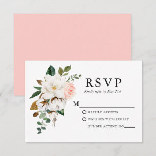 Wedding Watercolor Magnolias Roses Pink Blush RSVP Card