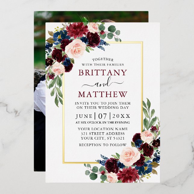 Wedding Watercolor Mixed Floral Photo Gold (Front/Back)