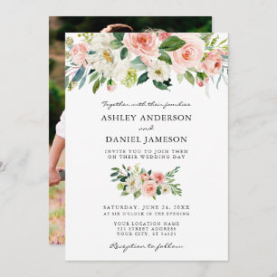 Wedding Watercolor Pink Floral Photo Back Invitation