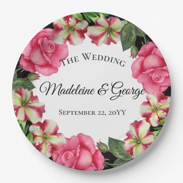Wedding Watercolor Pink Flowers Wreath Circle Paper Plate (Front)