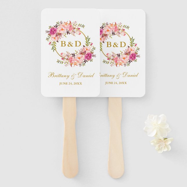 Wedding Watercolor Pink Rose Blush Floral Hand Fan (Front and Back)