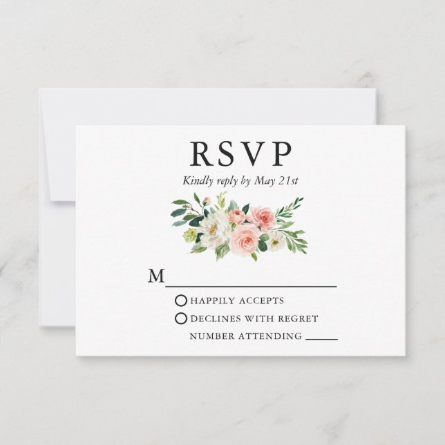 Wedding Watercolor Pink White Floral RSVP Card (Front)