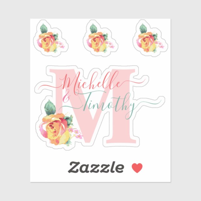 Wedding Watercolor Roses Floral Letter Initial M (Sheet)