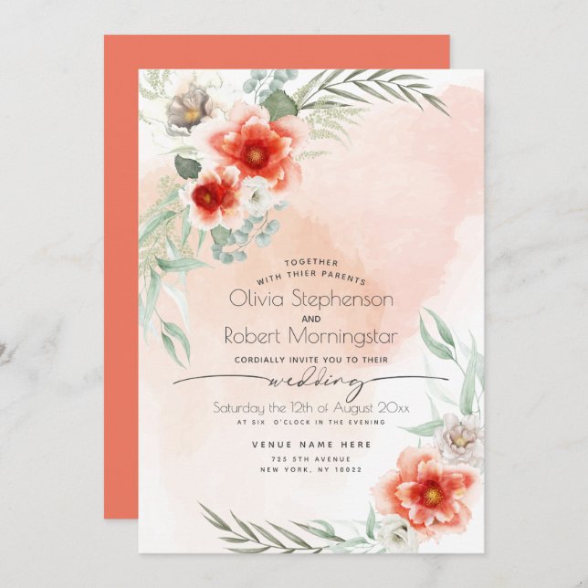Wedding  | Watercolor Scarlet Flame Floral Invitation (Front/Back)