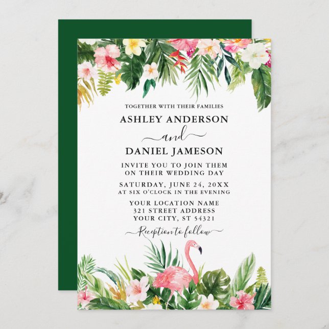Wedding Watercolor Tropical Floral Flamingo Green Invitation (Front/Back)